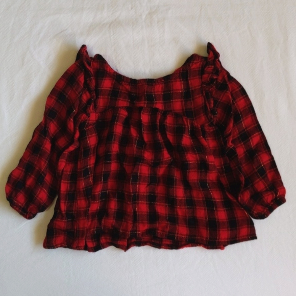 george red & black plaid rayon ruffle long sleeve blouse 18-24 months baby girl